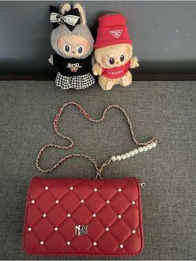 NWT, Red Quilted Badgley Mischa Vegan Leather Crossbody Bag with Pearl Accents